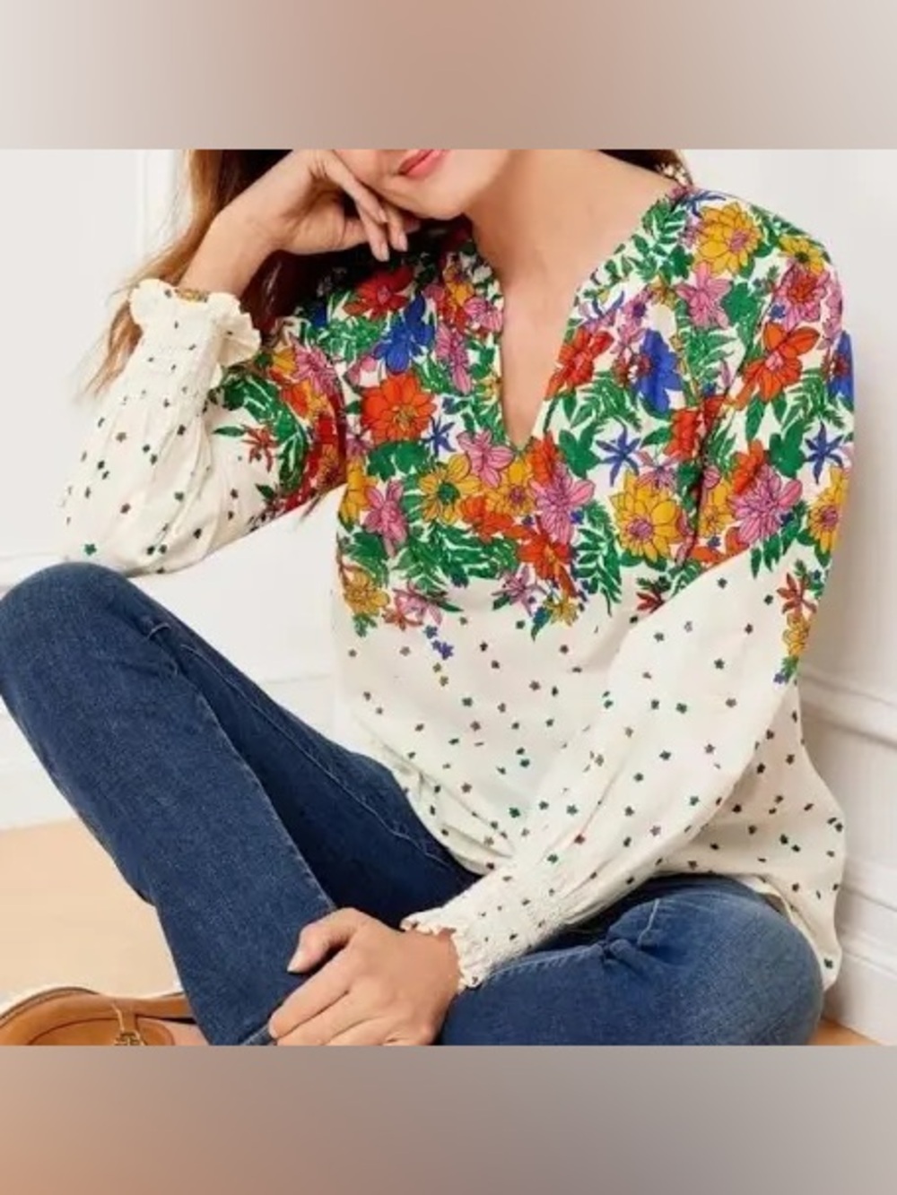 Talbots Blissful Floral Smocked Cuff Blouse Women Plus 3X Vacation Travel Casual